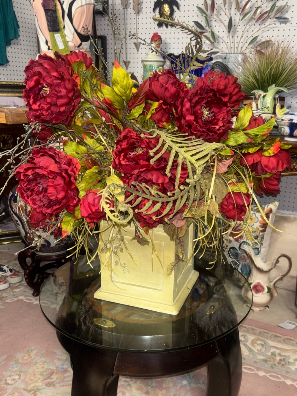 Elegant Red Silk Peony Arrangement in Cream Decorative Vase